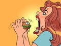 Woman bites cute burger character in restaurant, Fast food humor