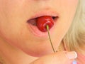 Woman bites and eats cherry closeup image. Part of face with mouth and lips. Red fruit is in fingers with clear nails. Isolated on Royalty Free Stock Photo