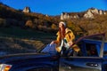 woman black car nature travel adventure Fresh air Royalty Free Stock Photo