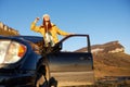 woman black car nature travel adventure relaxation Royalty Free Stock Photo