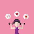 Woman black curly hair with purple sport cloth hold dumpbell on hand and pink background. Workout help good health, burn