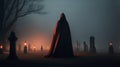 mysterious figure cloaked in a red cape , horror background