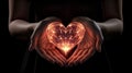 Female hands holding a glowing heart on black background. 3d rendering Royalty Free Stock Photo