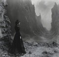 A woman in a black dress stands before a mountain in a blackandwhite photo