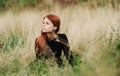 Woman in black dress travel freedom landscape walk fresh air mountains Royalty Free Stock Photo