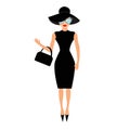 Woman in black elegant hat, bag and sunglasses waving. Rich and beautiful celebrity girl. Beauty fashion model face red lips. Royalty Free Stock Photo