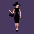 Woman in black elegant hat, bag and sunglasses waving. Rich and beautiful celebrity girl. Beauty fashion model face red lips. Royalty Free Stock Photo