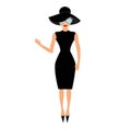 Woman in black elegant hat and sunglasses waving. Rich and beautiful celebrity girl. Royalty Free Stock Photo