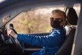 Woman in black face mask and sunglasses is driving a car