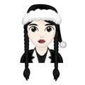 Woman with black hair and hat. Wednesday concept. Large size of pale emoji face