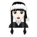 Woman with black hair and hat. Wednesday concept. Large size of pale emoji face