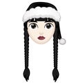 Woman with black hair and hat. Wednesday concept. Large size of pale emoji face