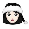 Woman with black hair and hat. Wednesday concept. Large size of pale emoji face