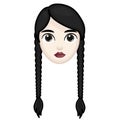 Woman with black hair. Wednesday concept. Large size of pale emoji face