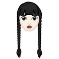 Woman with black hair. Wednesday concept. Large size of pale emoji face