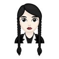 Woman with black hair. Wednesday concept. Large size of pale emoji face