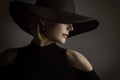Woman Black Hat, Fashion Model Elegant Retro Beauty Portrait Royalty Free Stock Photo