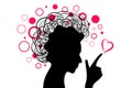 Woman black head silhouette with hand and pink heart with circles