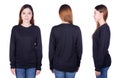 Woman in black long sleeve t-shirt isolated on white background Royalty Free Stock Photo
