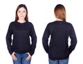 Woman in black long sleeve t-shirt isolated on white background Royalty Free Stock Photo