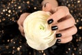 Woman with black manicure holding beautiful flower on dark background. Nail polish trends