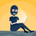 Woman black mask sitting at computer hacker activity concept on yellow background viruses data privacy attack internet Royalty Free Stock Photo