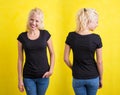 Woman in black round neck T-shirt on yellow background