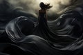 Woman in black silk dress evolved on wind. Black tones background