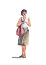Woman in black sunglasses, a white blouse, a khaki skirt and sandals with a cherry bag on her shoulder looking into her mobile