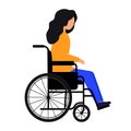 A woman in a black wheelchair. A disabled person is sitting in a gurney.