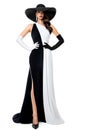 Woman Black and White Formal Dress. Fashion Model in Long Evening Contrast Gown. Elegant Lady in Black Hat and Gloves