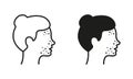 Woman with Blackhead, Acne, Rash Pictogram. Girl with Pimples on Face Line and Silhouette Icon Set. Dermatologic Problem