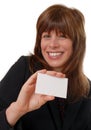 Woman with blank business card, space for text