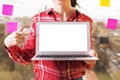 Woman with blank laptop Royalty Free Stock Photo