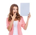 Woman, blank poster and shock for mockup space in studio, paper and bulletin for announcement. Surprised female person