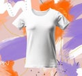 Woman Blank T-shirt Mockup, Clean White Unisex Fashion Shirt, Women Grey Tshirt Outfit Template, Realistic Font Back 3D Royalty Free Stock Photo