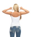 Woman in blank white t-shirt showing back