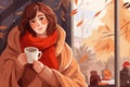 Woman with blanket on shoulders drinks hot tea to cheer up and feel comfortable in warm and cozy atmosphere. Girl smiles sweetly