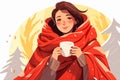 Woman with blanket on shoulders drinks hot tea to cheer up and feel comfortable in warm and cozy atmosphere. Girl smiles sweetly