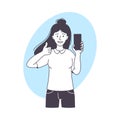 Woman Blogger Character with Smartphone Showing Thumb Up Vector Illustration