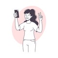 Woman Blogger Character with Smartphone Showing V Sign Vector Illustration