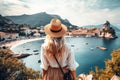 Woman blogger exploring exotic locations or landmarks, Scenic landscapes, famous tourist spots Royalty Free Stock Photo