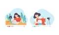 Woman Blogger or Vlogger Making Video Content for Drawing and Sewing Channel Vector Set