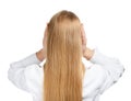 Woman with blonde long hair in strange pose