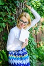 Woman blonde take break relaxing in park reading book. Lady cheerful laugh she likes funny stories. Bookworm student Royalty Free Stock Photo