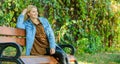 Woman blonde take break relaxing in park. You deserve break for relax. Ways to give yourself break and enjoy leisure Royalty Free Stock Photo