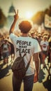 A young man wearing a \'People Want Peace\' AI-generated T-shirt