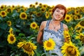 Woman on blooming sunflower field