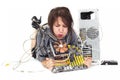 Woman blowing computer fan Royalty Free Stock Photo