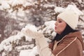 Woman blowing handful of snow Royalty Free Stock Photo